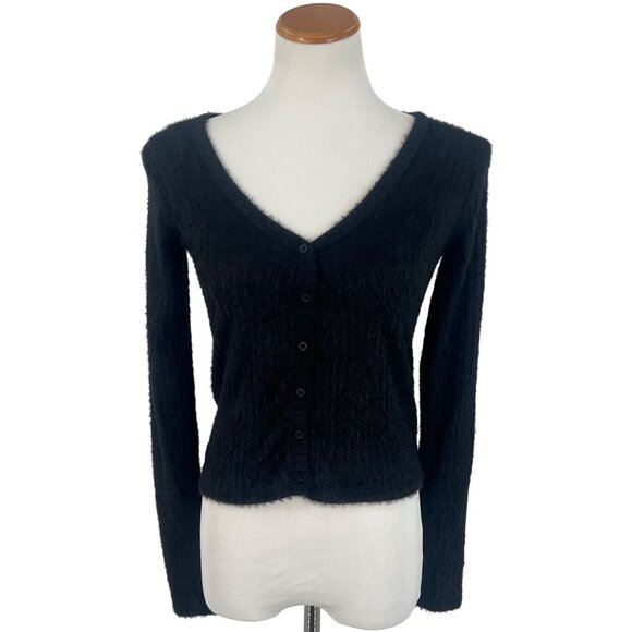 NWT Hollister Black Button Front V-Neck Long Sleeve Soft Fuzzy Sweater Top - Picture 2 of 13